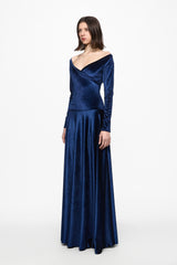 Off shoulder navy velvet gown