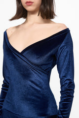 Off shoulder navy velvet gown