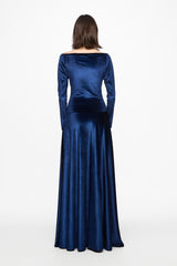 Off shoulder navy velvet gown