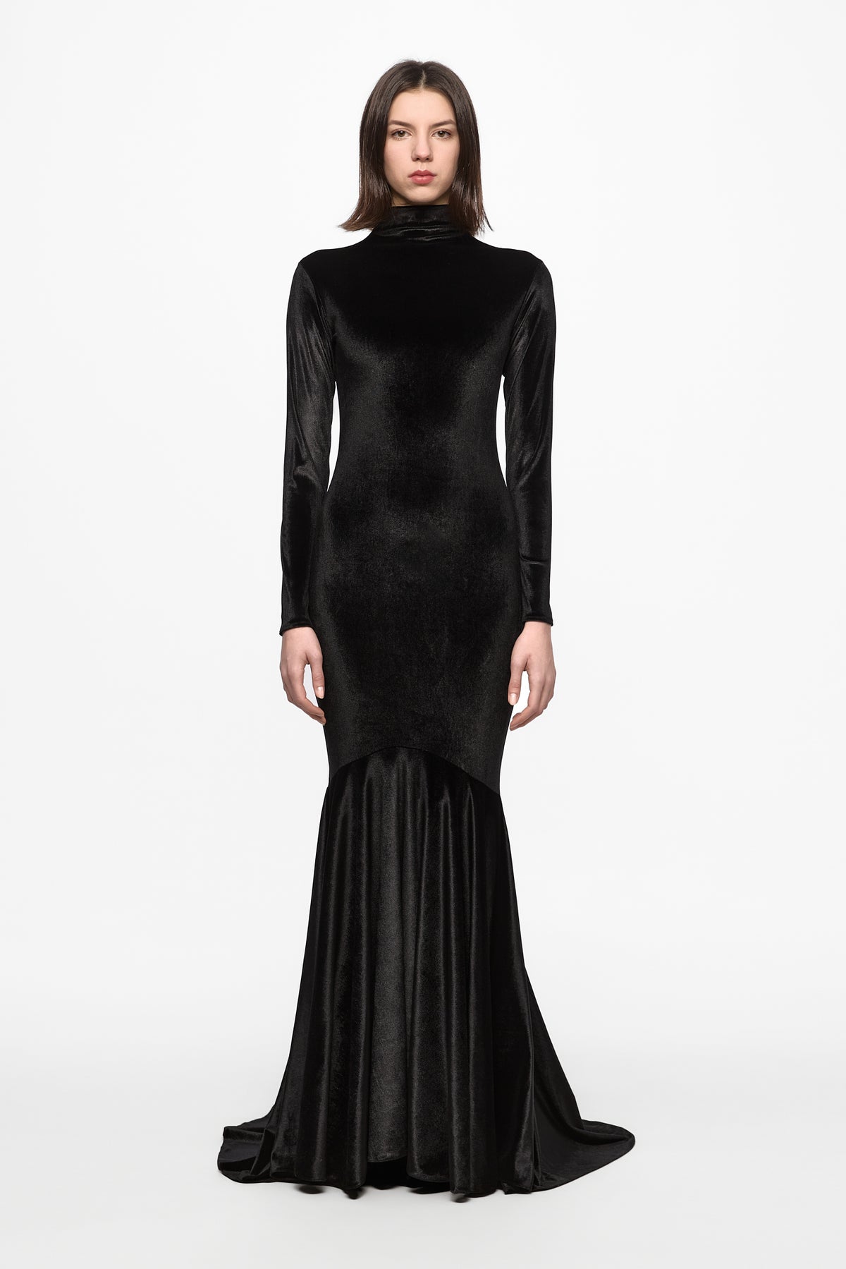 High neck black velvet gown