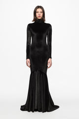 High neck black velvet gown