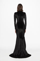 High neck black velvet gown
