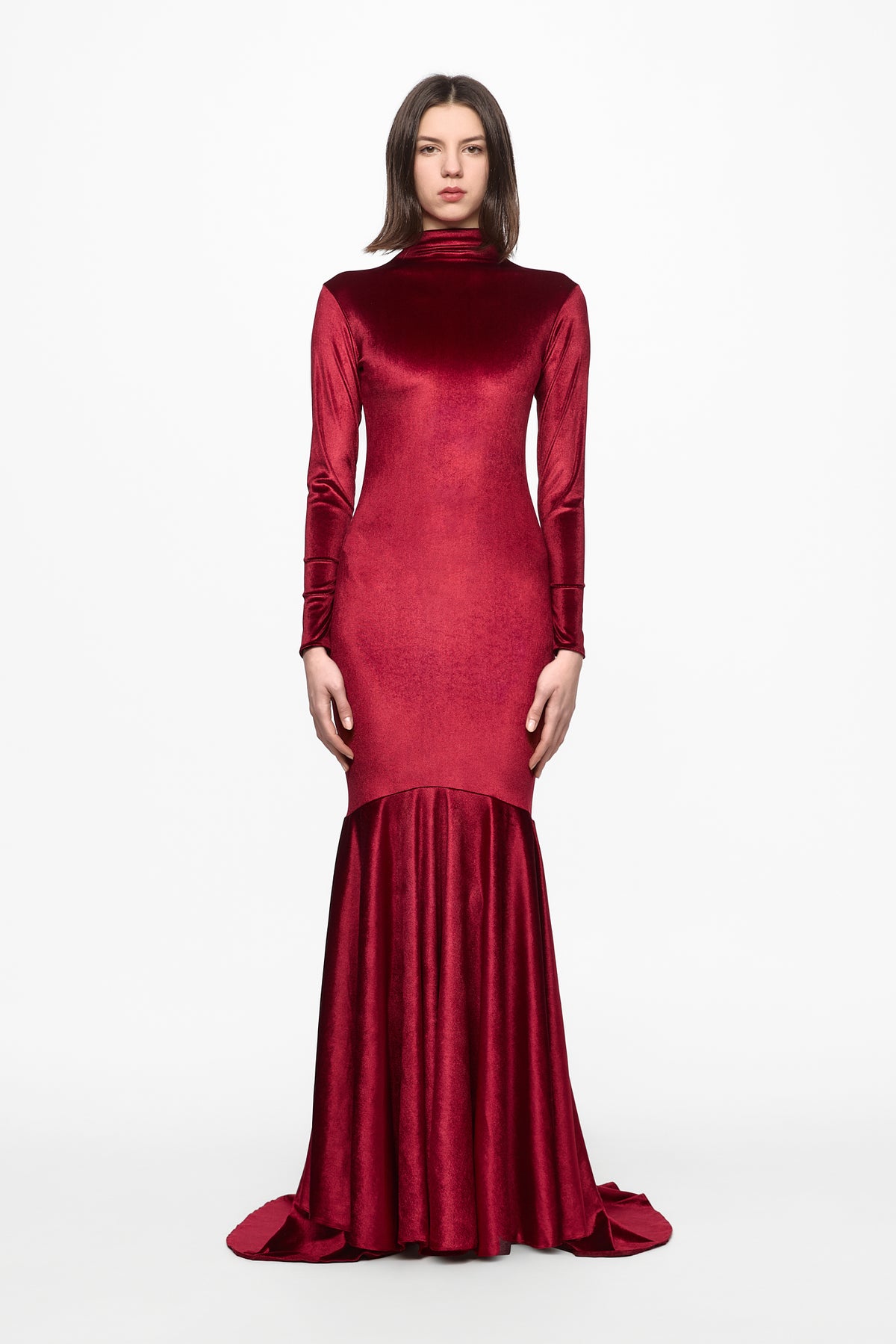High neck wine velvet gown