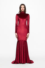 High neck wine velvet gown
