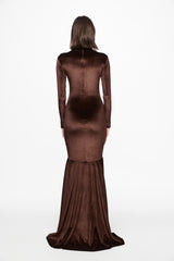 High neck brown velvet gown