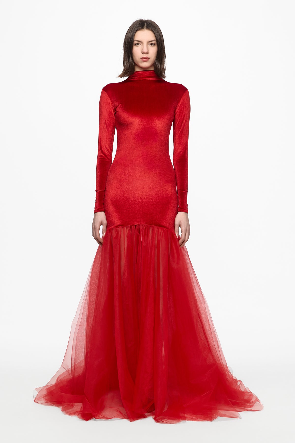 High neck red velvet and tulle gown
