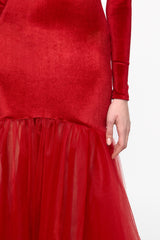 High neck red velvet and tulle gown