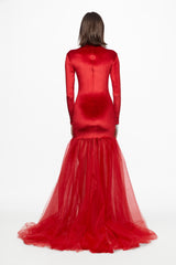 High neck red velvet and tulle gown