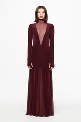 Wine maxi dress with tulle insertions
