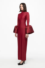 High neck midi dress with bell-sleeve in wine