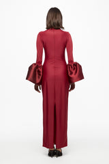 High neck midi dress with bell-sleeve in wine