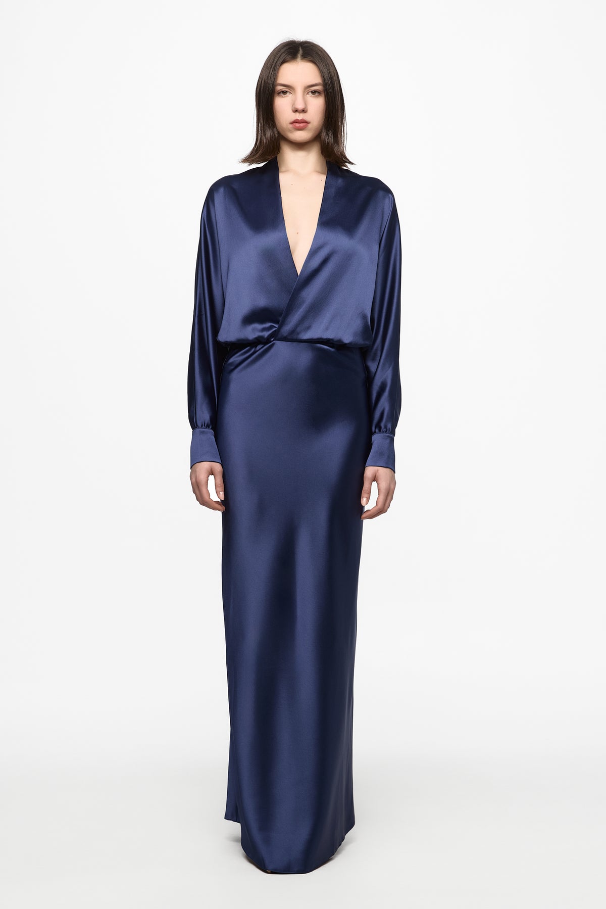 Navy V-neck long-sleeve gown
