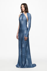 Denim print one-shoulder maxi dress