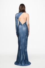 Denim print one-shoulder maxi dress