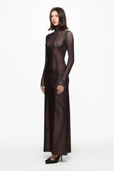 Roll-neck chocolate print maxi dress