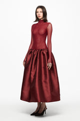 Wine high neck tulle midi dress with taffeta skirt