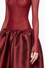 Wine high neck tulle midi dress with taffeta skirt