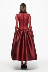 Wine high neck tulle midi dress with taffeta skirt