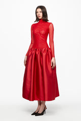 Red high neck tulle midi dress with taffeta skirt