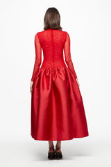 Red high neck tulle midi dress with taffeta skirt