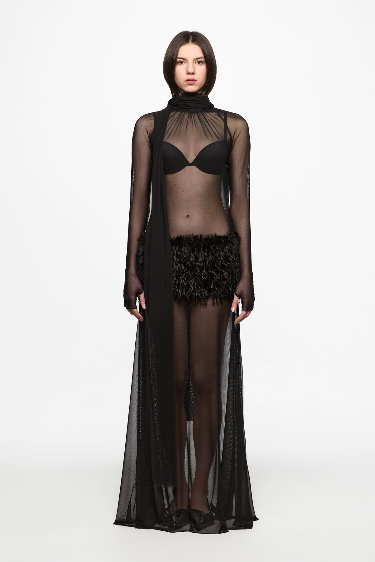 Black maxi dress with feather panel
