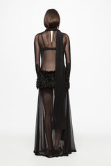 Black maxi dress with feather panel
