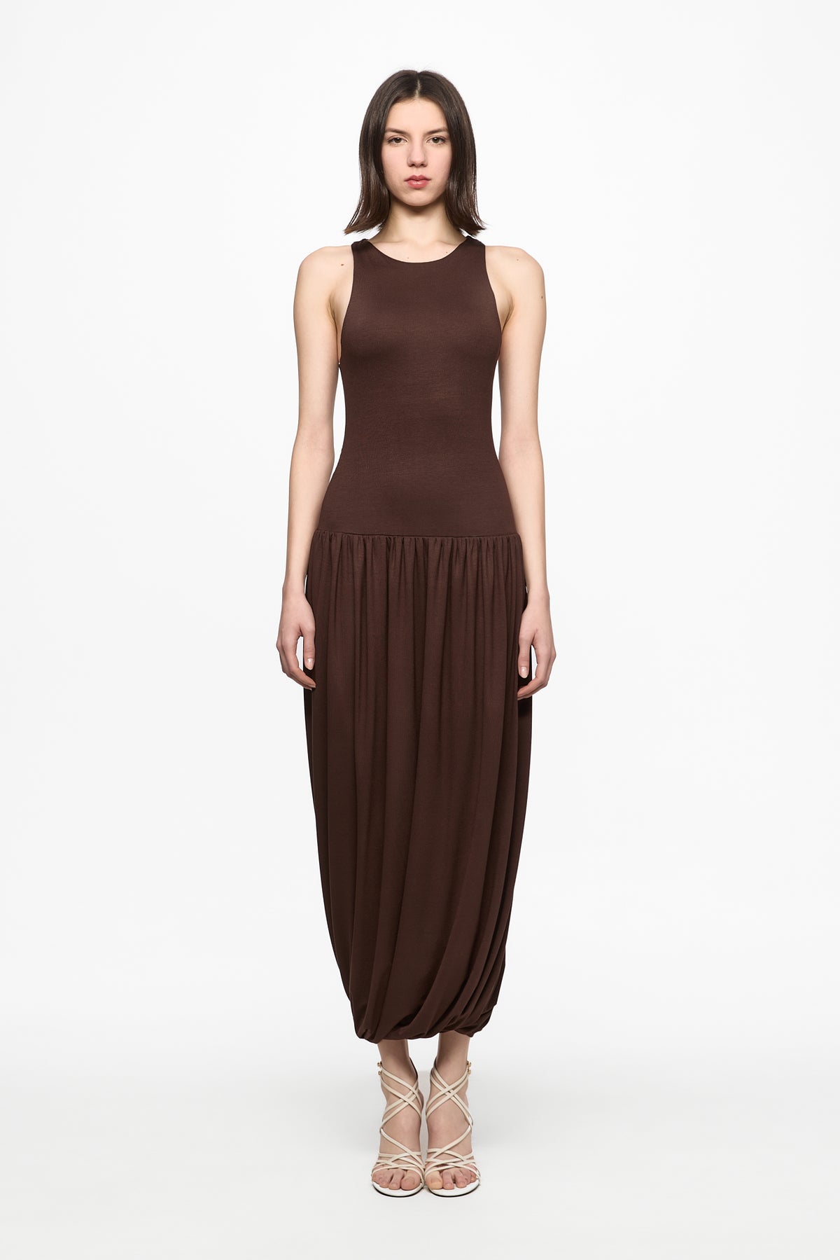 Sleeveless midi dress with rutched skirt