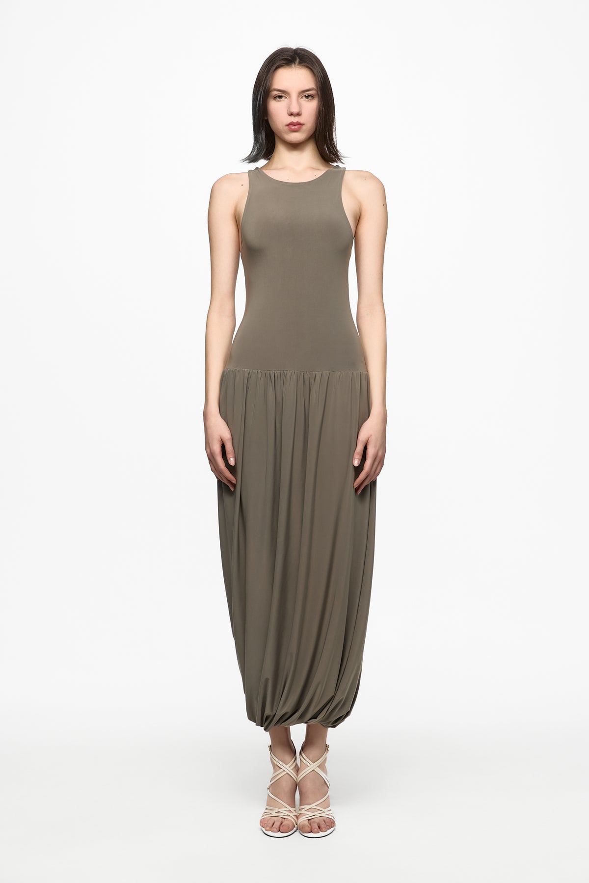 Sleeveless midi dress with rutched skirt in stone grey