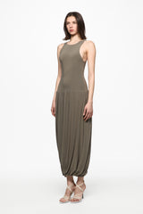 Sleeveless midi dress with rutched skirt in stone grey