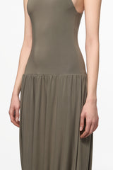 Sleeveless midi dress with rutched skirt in stone grey