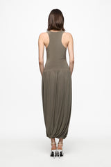 Sleeveless midi dress with rutched skirt in stone grey