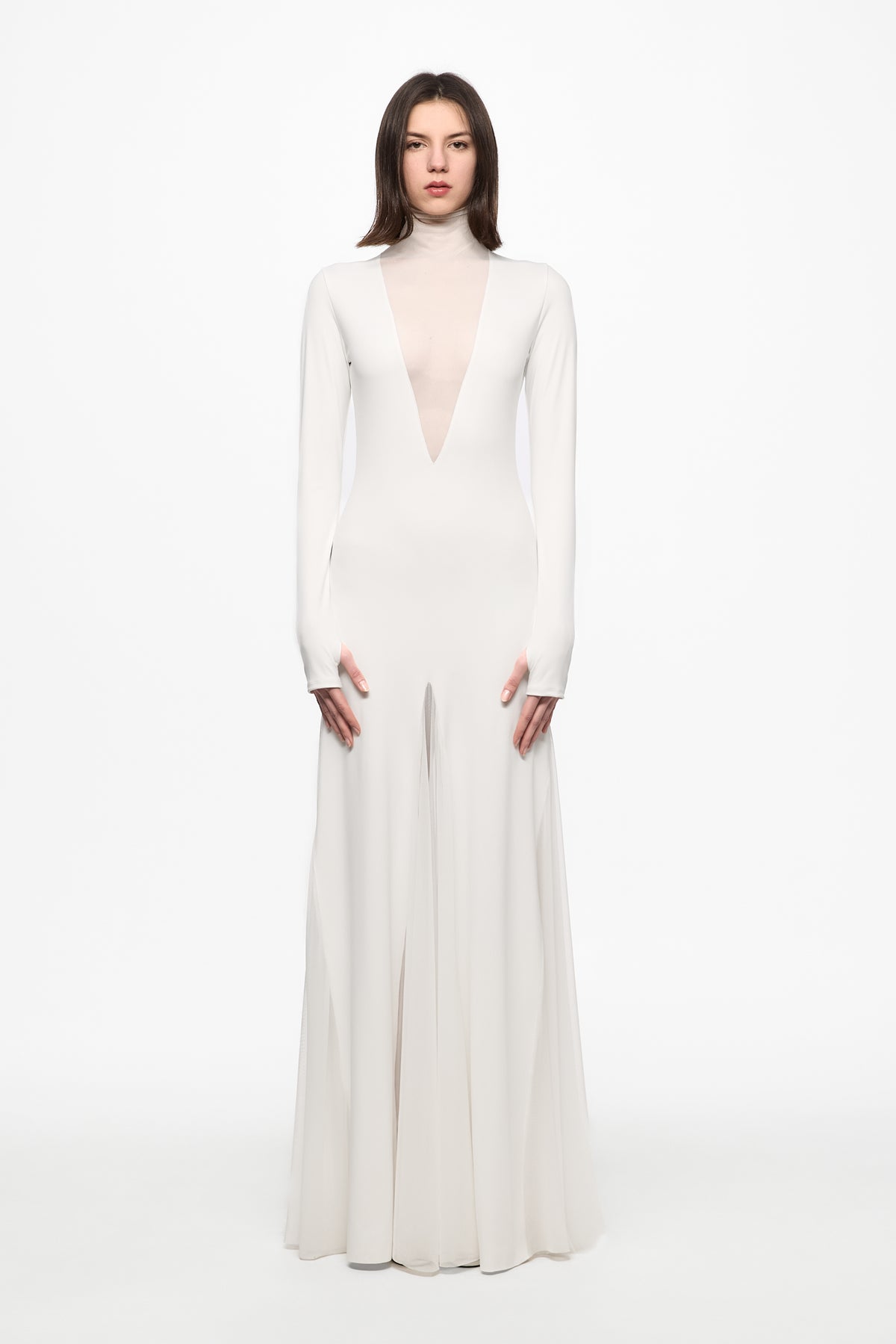 White maxi dress with tulle insertions