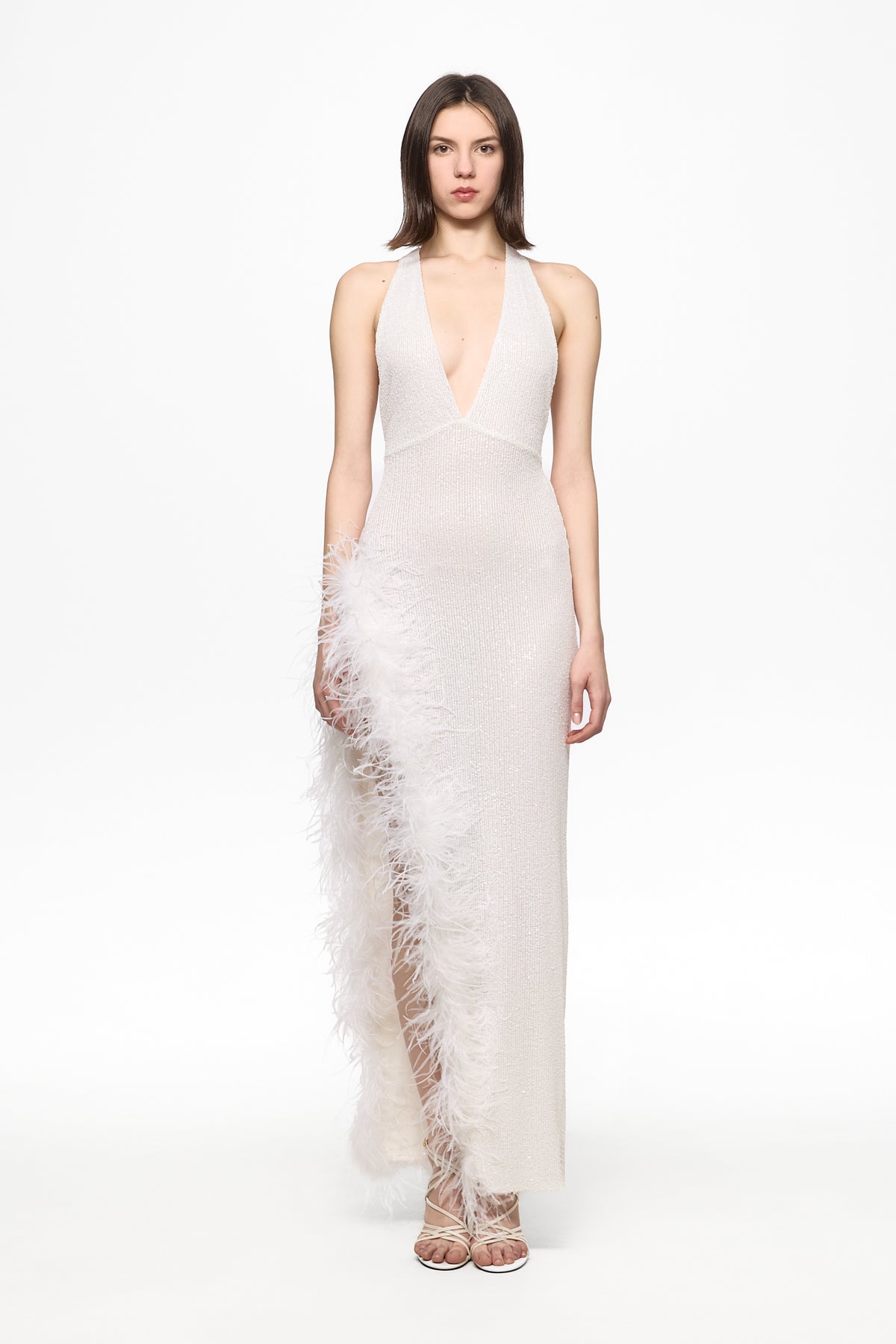Feather-trim sequined maxi slip dress – ATU Body Couture