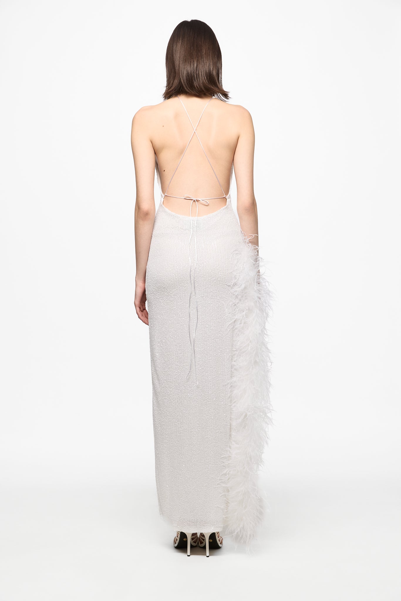 Feather-trim sequined maxi slip dress