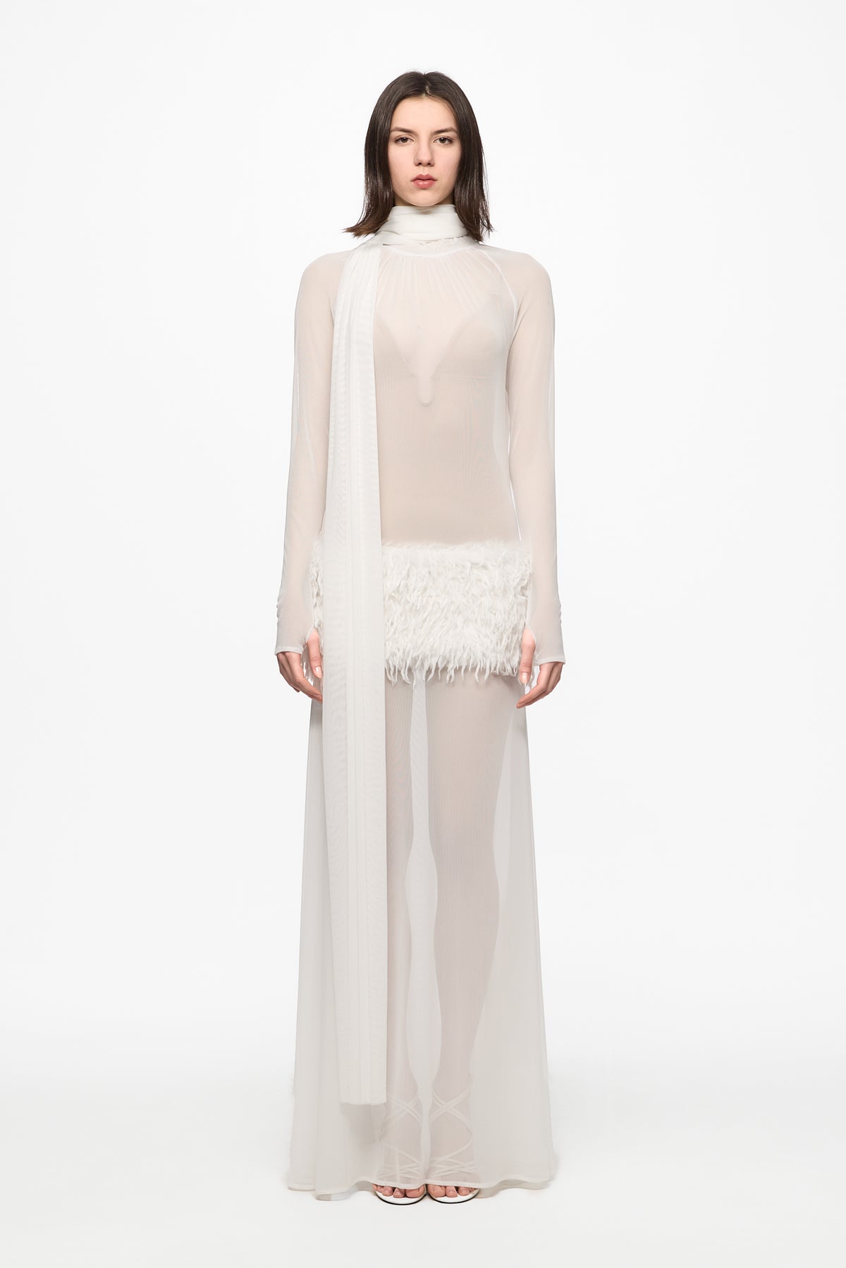 White maxi dress with feather panel