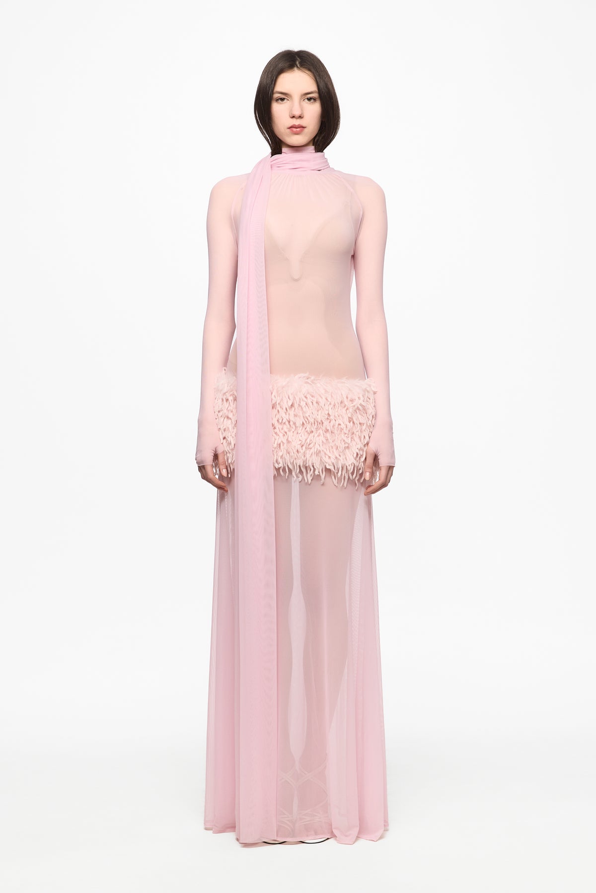 Pink maxi dress with feather panel