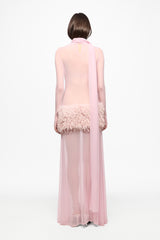 Pink maxi dress with feather panel