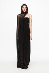 Black tube dress with incorporated tule cape
