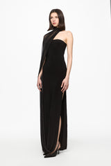 Black tube dress with incorporated tule cape