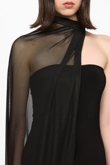 Black tube dress with incorporated tule cape