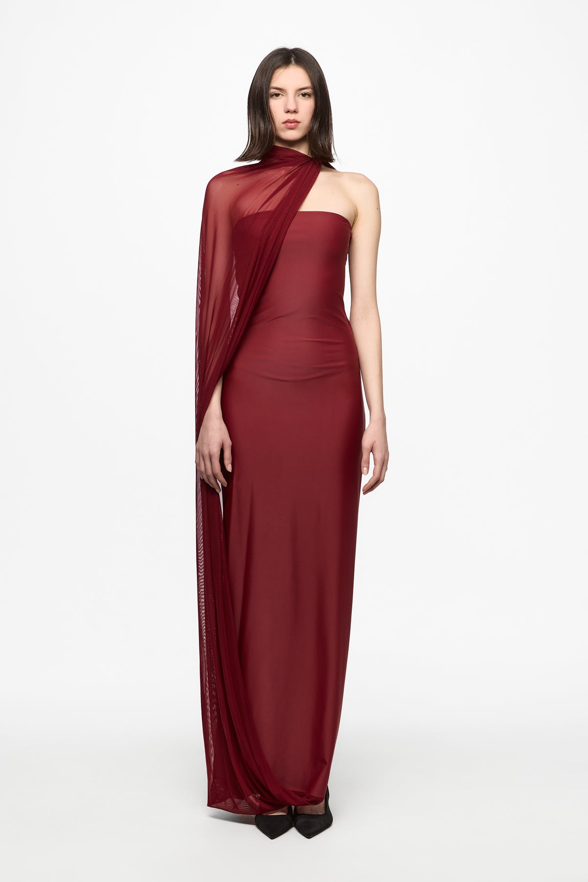 Wine tube dress with incorporated tule cape