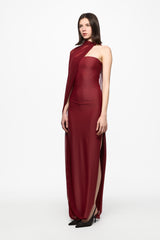 Wine tube dress with incorporated tule cape
