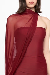 Wine tube dress with incorporated tule cape