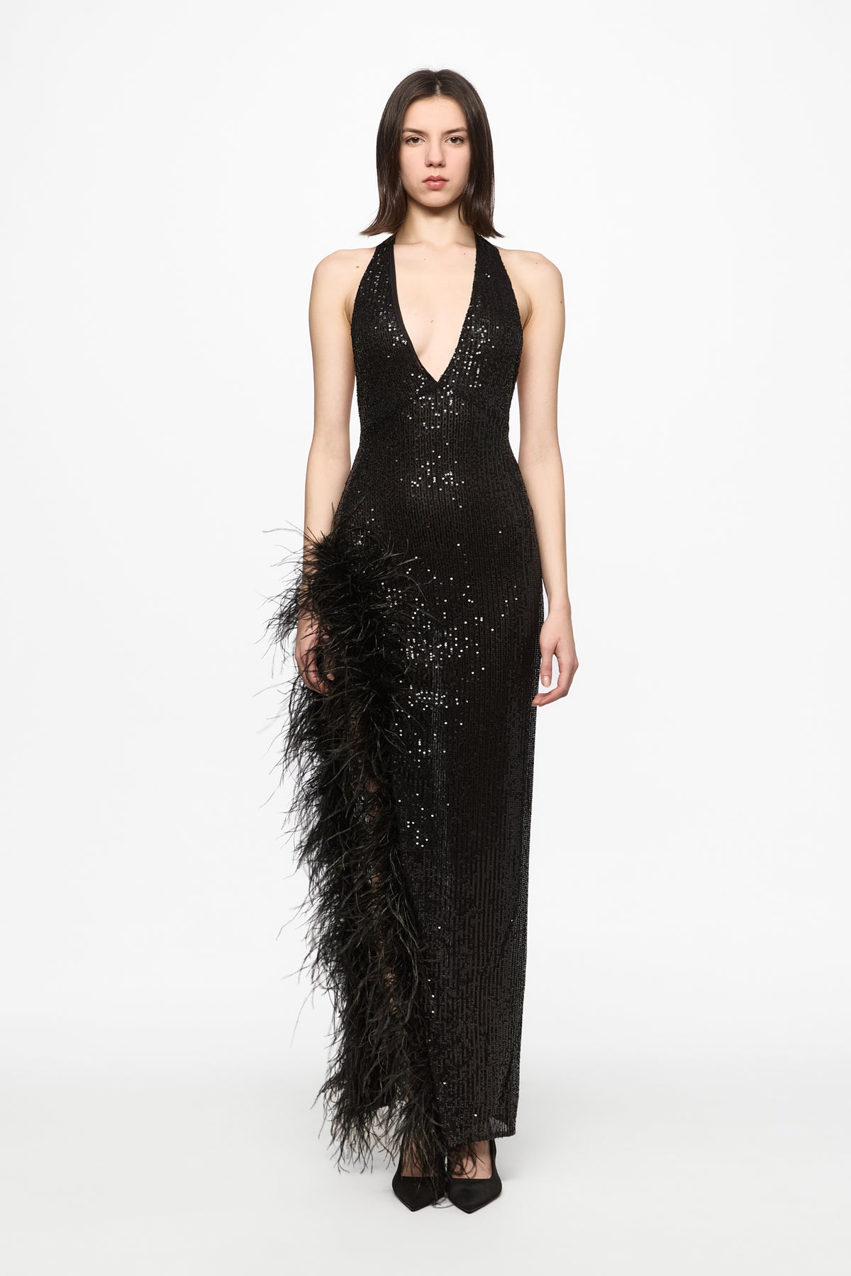 Feather-trim sequined maxi slip dress in black