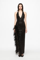 Feather-trim sequined maxi slip dress in black