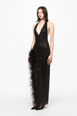 Feather-trim sequined maxi slip dress in black