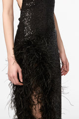 Feather-trim sequined maxi slip dress in black