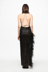 Feather-trim sequined maxi slip dress in black