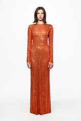 Sequined orange embellished maxi dress