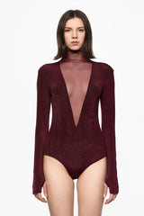 Wine bodysuit with a deep V-neck